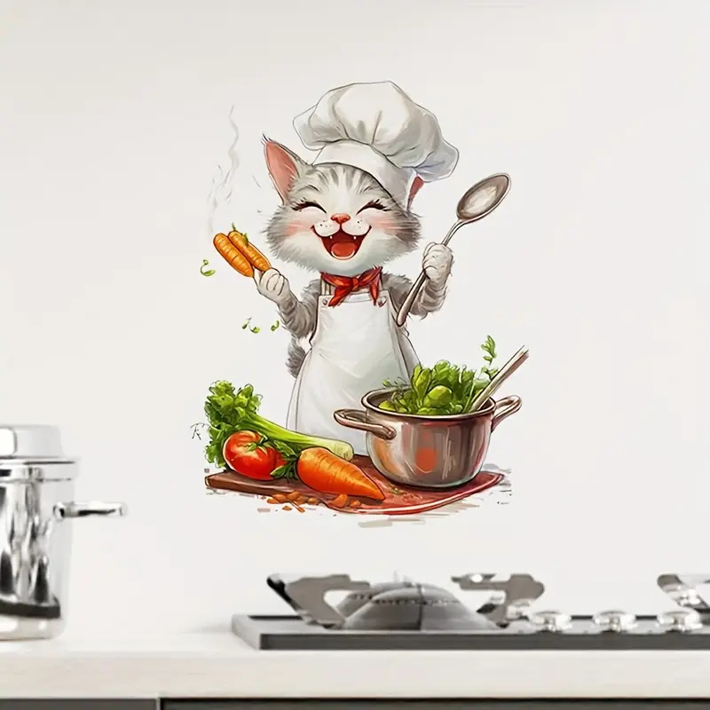 Home Cooking For Cats - Cartoon Cat Cooking Stickers, Art Wall